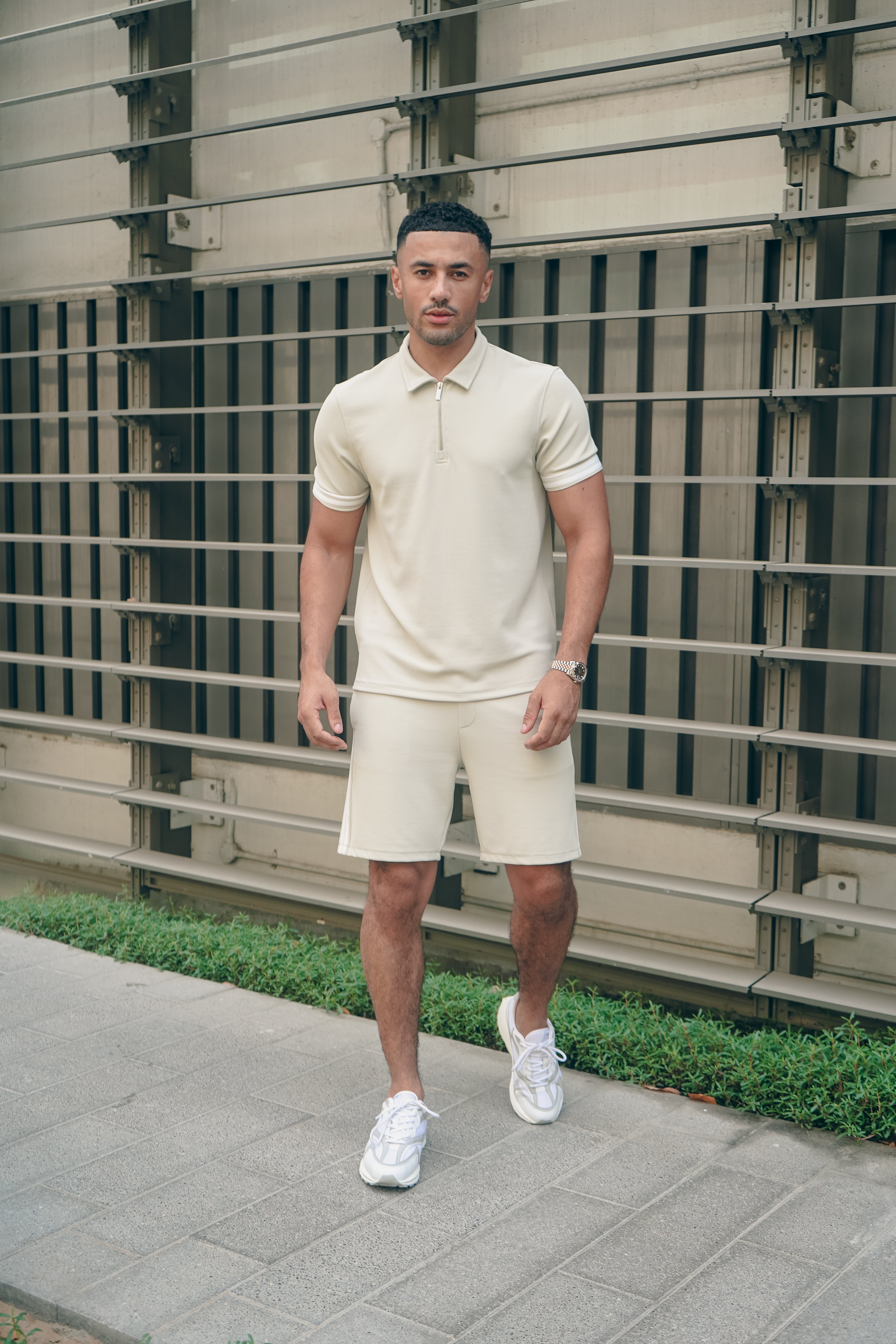 Model view CAPO Textured Tape Light Beige Shorts